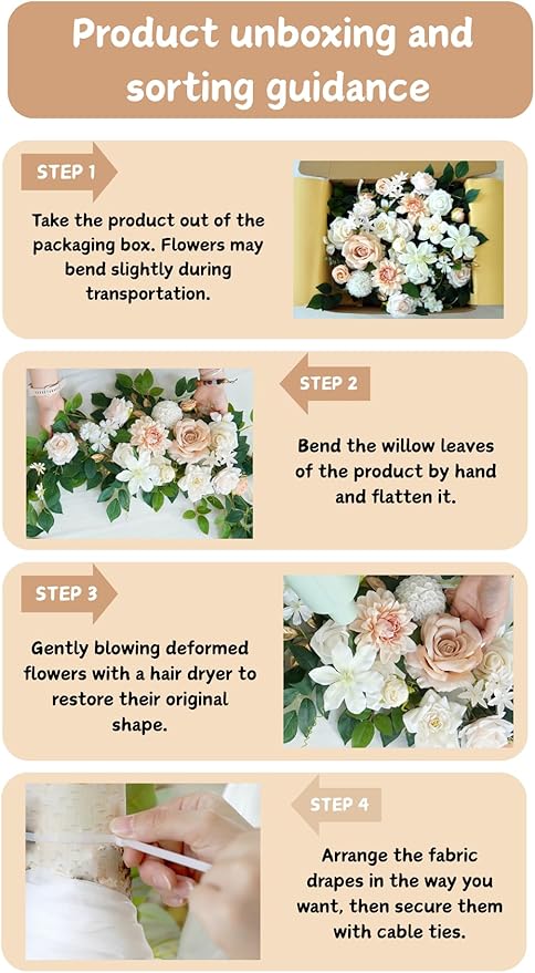 Artificial Wedding Arch Flowers Kit(Pack of 4),2Pcs Artificial Flower Arch Decor, 2Pcs Chiffon Fabric Drapes, Ceremony Decoration, Floral Outdoor Party Decor (Champagne & Cream)