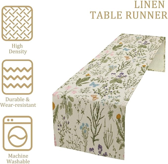 Floral Botanical Table Runner, Garden Spring Flower Botanical Butterfly Animal for Restaurant, Kitchen, Wedding, Party Rectangular Table Runner Decoration,13in（33cm） W * 90in（229cm） L
