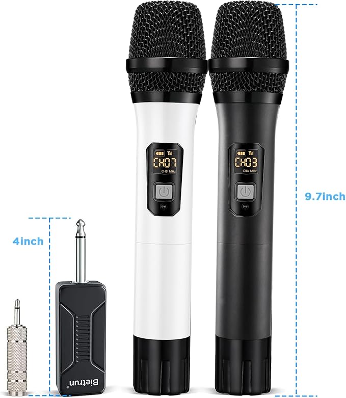 Wireless Microphone, Bietrun UHF Metal Dual Handheld Cordless Dynamic Mic System with Rechargeable Receiver, 1/4‘’Output, for Karaoke, Church, Speech, Wedding, Party Singing(160 ft Range)-Auto Connect