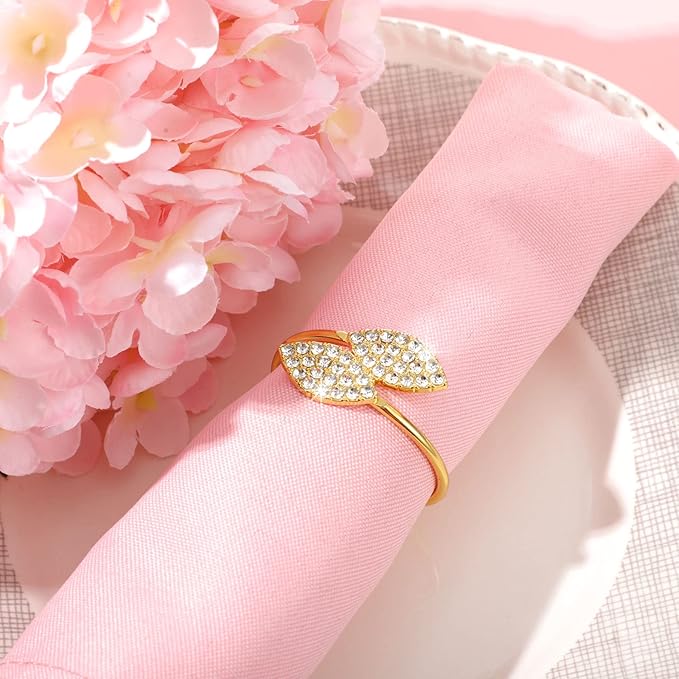Hotop 150 Pcs Napkin Rings Gold Table Decorations, Elegant Bling Leaves Napkin Rings, Rhinestone Guest Towels Buckle for Wedding Gold Party, Thanksgiving Christmas Dinner Banquet Table Decoration