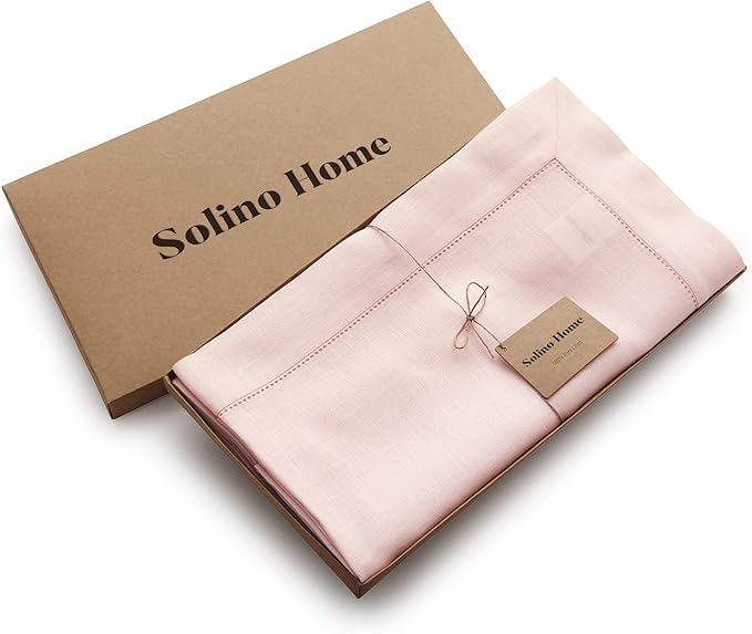 Solino Home Linen Tablecloth 60 x 144 Inch - Classic Hemstitch 100% Pure Linen Pink Table Cloth for Rectangle Tables - Machine Washable Tablecloth for Halloween