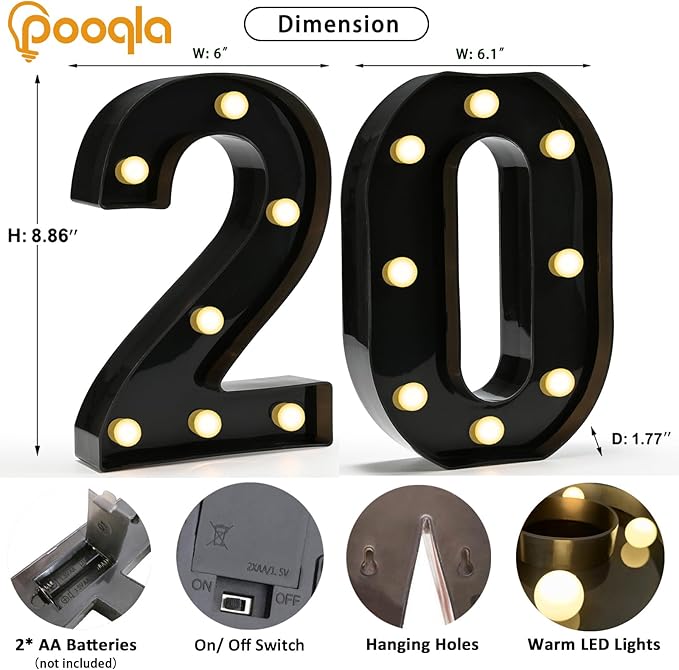 Pooqla Light Up Numbers, Decorative Marquee Number Light Sign for 20th Birthday Party Decor, LED Battery Powered Lighted Sign for Party, Lighted Number 20 for Wall Home Anniversary Decoration