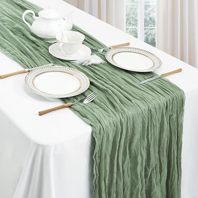 6 Pack Sage Green Table Runner 10ft Boho Gauze Fabric Cheesecloth Table Runner 35 x 120 Inch Rustic Sheer Runner for Wedding Centerpiece Decor Baby Shower Party Table Decorations