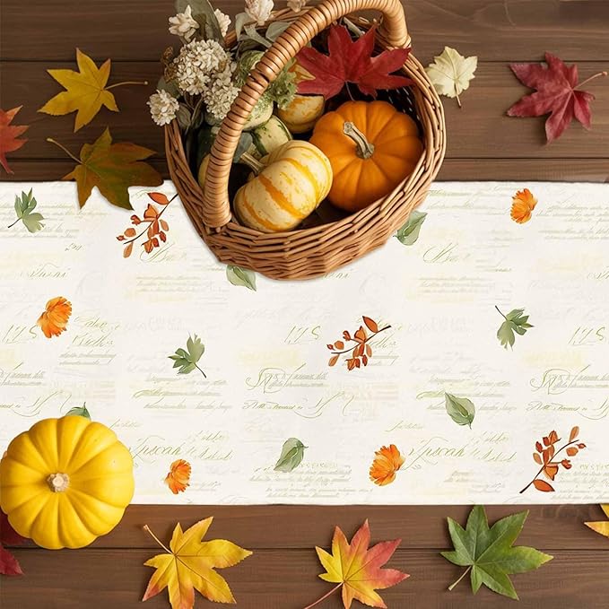 Fall Wildflowers Cotton Linen Table Runner for Dining Kitchen, Thanksgiving Pumpkin Outdoor Party Rustic Tablerunners Decoration, Botanical Floral Vintage Dresser Scarf Tablecloth Runners 13x60 Inches