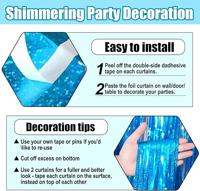 6 Pack Lake Blue Foil Fringe Curtain Backdrop, 3.28Ft x 8.2Ft Metallic Tinsel Foil Fringe Streamer Curtains for Photo Booth, Birthday, Wedding, New Year Party Decorations