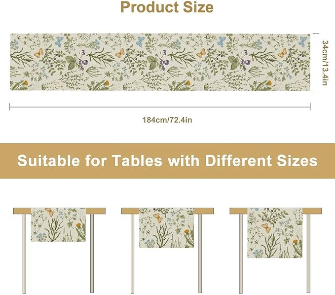 Floral Table Runner,Wildflower Spring Table Runner Seasonal Summer Butterfly Kitchen Dining Table Decoration for Home Party 13x36 Inch