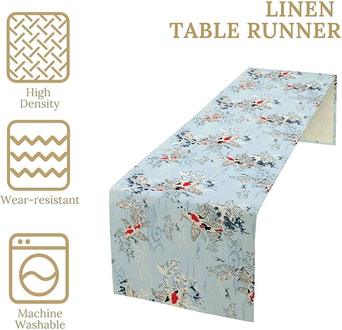Kio Fish Table Runner Waves Retro Japanese Tradition Art Printed Burlap Runner Home Kitchen Dining Table Living Room Decor Fabric 1 Panel W13xL60in
