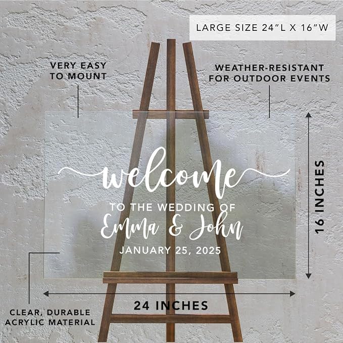 Andaz Press Custom Large Wedding Acrylic Sign, 16 X 24 Inches, Script Welcome, Personalized Sign, Welcome Sign For Modern Wedding Theme Wedding Welcome Sign Bienvenidos A Nuestra Boda