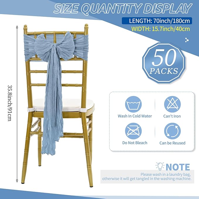 50 PCS Cheesecloth Chair Sashes Bows Wedding Aisle Decorations Chair Ribbon Ties Back Sash for Wedding Party Events Banquet Chair Cover Decoration (Dusty Blue)