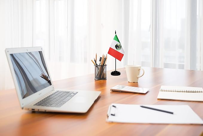 Mexico Mexican Deluxe Desk Flag Set Small Mini Miniature Mexico Mexican Table Desktop Flags With Solid Pole, Black Base and Spear Top(2 Pack)