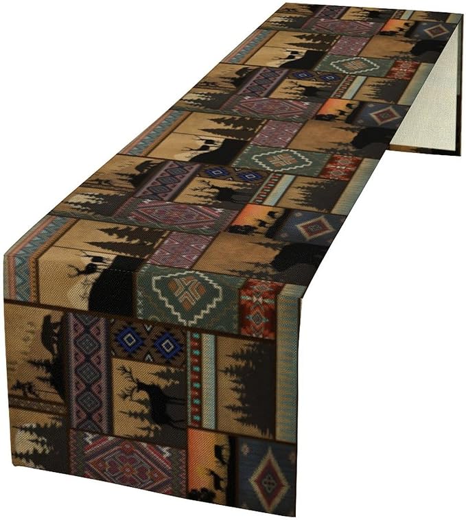 Rustic Cabin Bear Aztec Table Runner, Retro Brown Bear Rustic Theme Geometry Decoration for Home Dinner Party Living Room Bedroom Table Runner 13x120 Inch