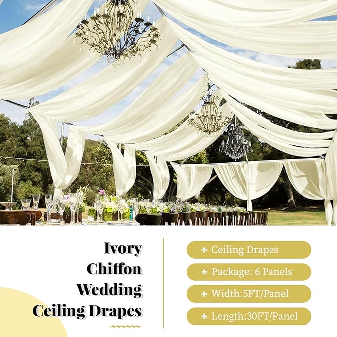 fani 6 Panels Ivory Wedding Ceiling Drapes 5ftx30ft Ceiling Drapes Chiffon Fabric Arch Draping Sheer Curtains Soft Drapery Draping Wedding Ceiling Decorations for Party Ceremony Stage Swag