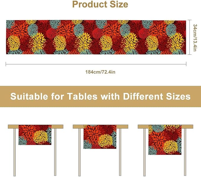Red Yellow Dahlia Table Runner, Seasonal Autumn Thanksgiving Pattern Print for Home Kitchen Table Decor Dining Coffee Room Party Decor 13x60 Inch