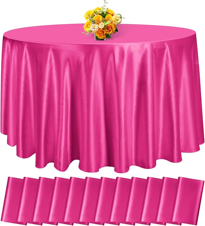 fani 12 Pack 120 Inch Hot Pink Satin Tablecloth - Silky Round Tablecloth Overlay Smooth Fabric Table Cover, Bright Table Decoration for Wedding Party Banquet Events Restaurant Kitchen Dining