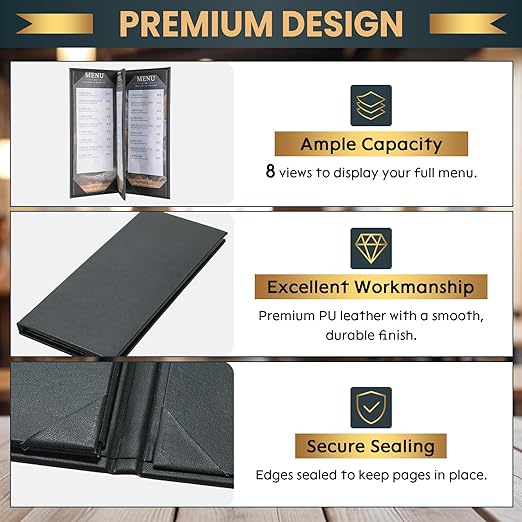 12 Pack 4 View Menu Holder Menu Covers 4.25" x 11" | Black Leather Menu Sleeves Book Style for Restaurant Coffee Bars Wine List