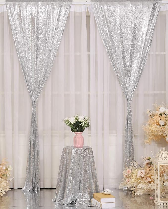 Poise3EHome Silver Sequin Backdrop Curtains,4 Panels 2FTx8FT Glitter Background for Party Birthday Party Baby Shower Wedding Christmas Thanksgiving Halloween Holiday Festival Decor
