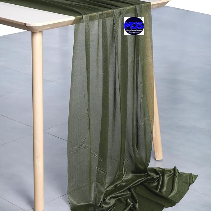 MDS Halloween Chiffon Table Runner - 25 Pack, 29 x 170 Inches, 14ft Each - Sheer Spooky Table Runners for Haunted House Parties, Trick-or-Treat Tables, Witchy Décor, Wedding & Events - Olive Green