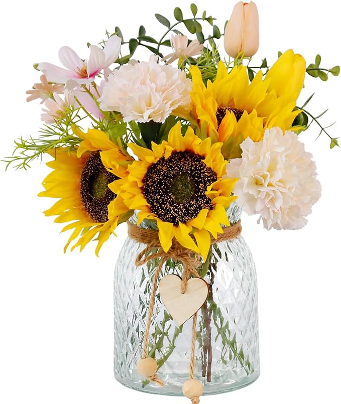 Fake Flowers in Vase,Artificial Sunflower Bouquets in Vase with a Flower Arrangement Holder,Table Centerpieces for Dining Room,Flower Centerpieces for Tables,Faux Flowers