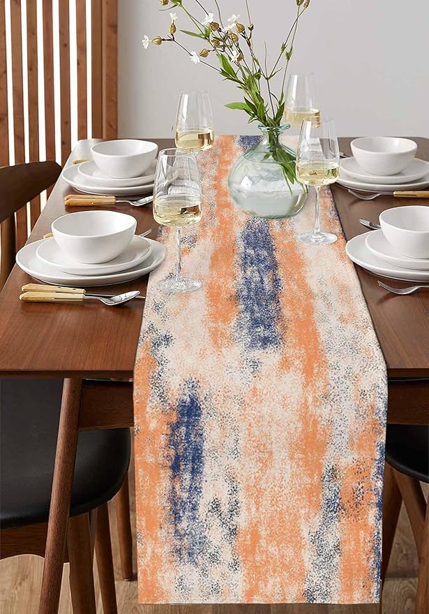 Vintage Oil Painted Cotton Linen Table Runner for Dining Kitchen, Wedding Outdoor Party Tablerunners Decoration, Abstract Modern Orange Minimalist Dresser Scarf Coffee Tablecloth Runners 13x36 Inches