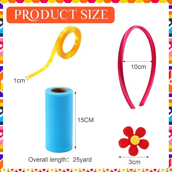 Canlierr 24 Pcs Rainbow Headbands 6 Tulle Mesh Fabric Rolls 100 Felt Flowers Embellishments for DIY Crafts 6 Colorful Satin Roll Ribbons for DIY Headbands Halloween Party Decoration