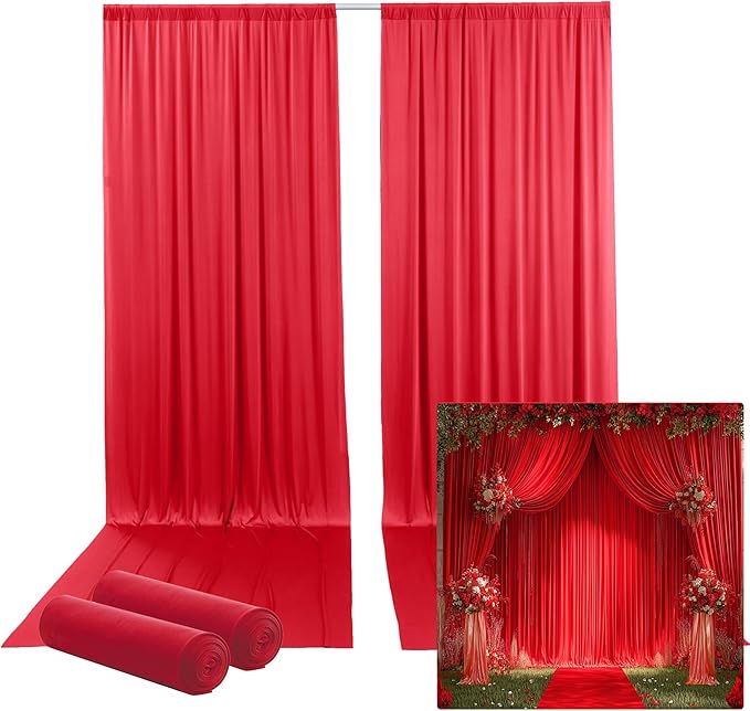 10ftx12ft Wrinkle Free Red Backdrop Curtain, 2 Panels 12FT Height Red Wedding Backdrop Drapes, Silky Polyester Back Drop Cloth for Birthday Photography Background Party Backdrop Draping