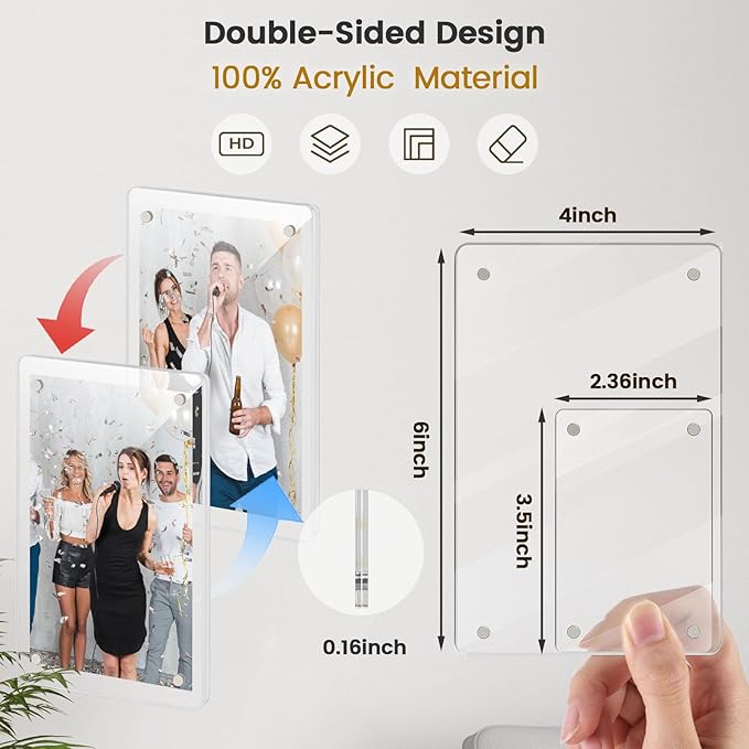 DomeStar Magnetic Acrylic Picture Frame 2.4 x 3.5 Inch, 8 Pack Double-Sided Holder for Refrigerator, Locker, or Metal Cabinet, Fits Instant Photo, Mini Film, Retro Camera, Notes & Pictures