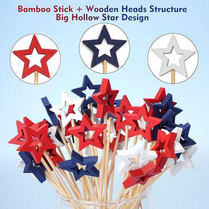 Minisland Big Navy Blue Star Cocktail Picks, 5.5 Inch Long Bamboo Fancy Toothpicks for Appetizers, Decorative Independence Day Holiday Party Food Drinks Garnish Fruit Skewer Sticks 50 Counts - MSL433