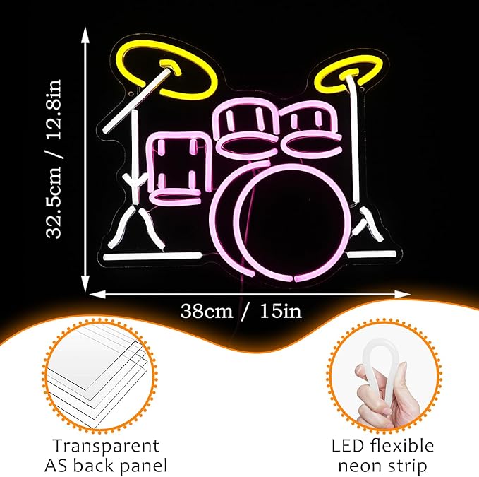Drum Kit Neon Sign Dimmable Multicolored Led Neon Light for Wall Decor Drum Kit Shape Neon Light Sign USB Powered Led Neon Signs for Bar Live Music Music Studio Party Decoration