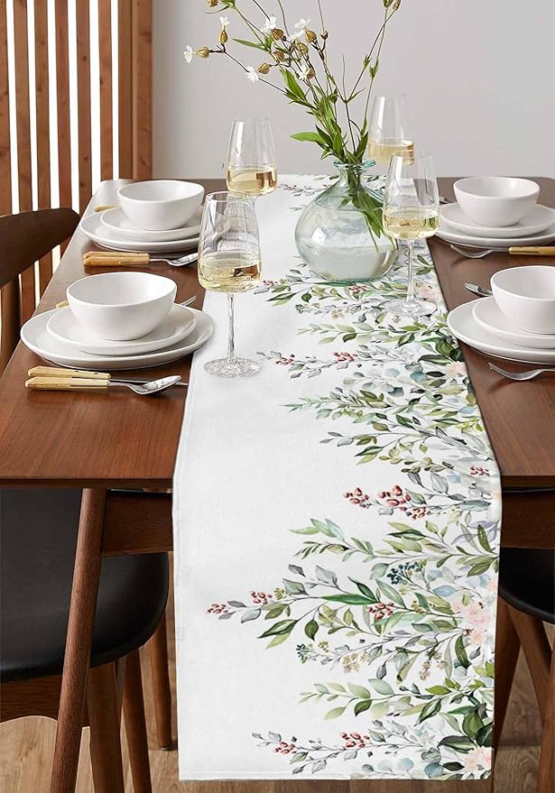 Botanical Eucalyptus Cotton Linen Table Runner for Dining Kitchen, Wedding Outdoor Party Tablerunners Decoration, Sage Green Leaves Elegant Floral Dresser Scarf Coffee Tablecloth Runners 13x36 Inches