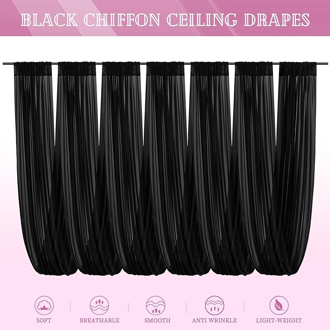 6 Panels Black Ceiling Drapes for Wedding 5ftx40ft Sheer Drapery Chiffon Fabric Arch Draping Curtains for Party Ceremony Birthday Baby Shower Reception Stage Ceiling Decorations