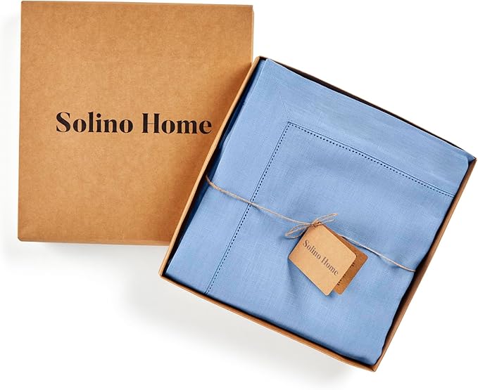 Solino Home Cornflower Blue Linen Tablecloth 60 x 144 Inch - 100% Pure Linen Hemstitch Table Cloth for Rectangle Tables - Classic Hemstitch, Machine Washable Tablecloth