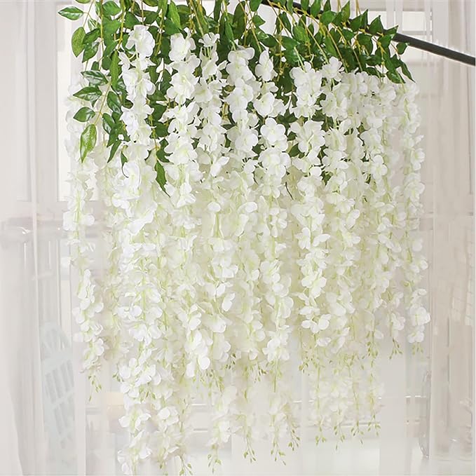 12 Pack White Green Wisteria Hanging Flowers Garland, 3.77 Feet Artificial Flower Vines, Fake Wisteria, Artificial Vines Hanging Garland for Backdrop Outdoor Yard Garden Decor