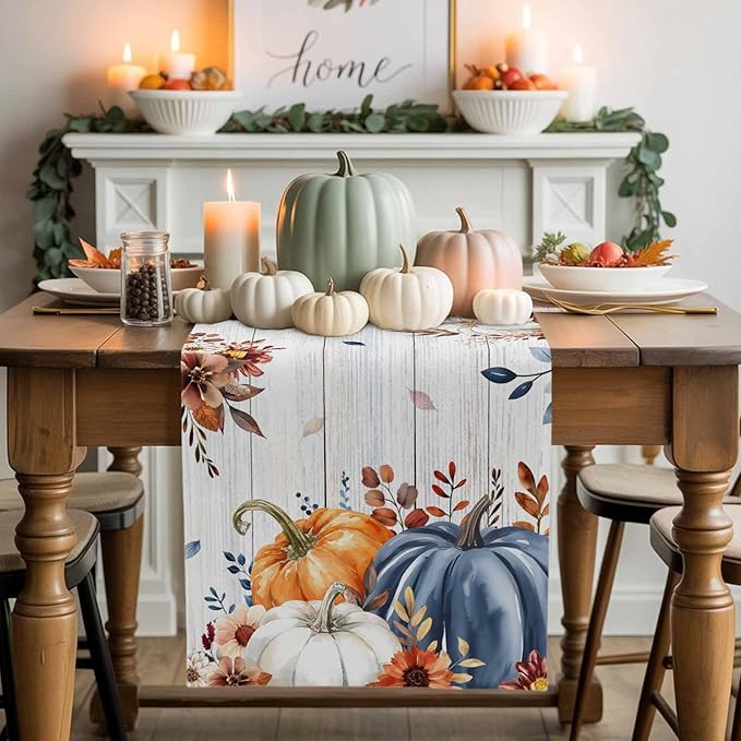 Thanksgiving Fall Cotton Linen Table Runner for Dining Kitchen, Pumpkins Eucalyptus Wedding Outdoor Party Tablerunners Decoration, Farmhouse Wooden Dresser Scarf Coffee Tablecloth Runners 13x72 Inches
