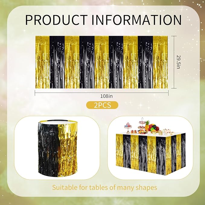 BEISHIDA 2 Pack Black Gold Table Skirts Party Decorations Metallic Tinsel Foil Fringe Decors for Rectangle and Round Table Birthday Retirement Anniversary Graduation Congrats 2026 Party