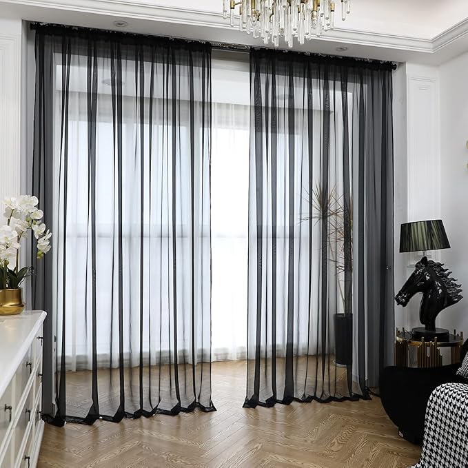 Window Black Sheer Curtains 60 Inches Width 120 Inches Long 2 Panels Sheer Curtain Clear Curtains Basic Rod Pocket Panel for Home Living Room Bedroom Kids Room Yard Patio Parlor Sliding