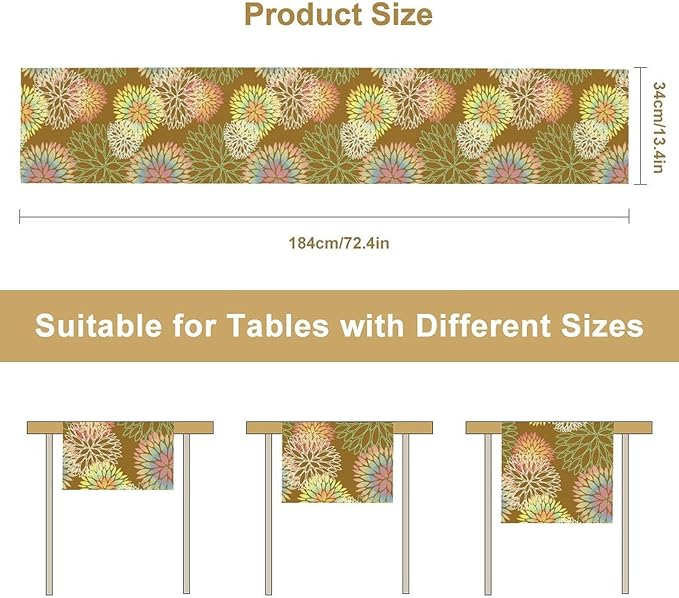 Brown Grey Dahlia Flower Table Runner, Linen Geometric Pattern Floral Table Decor Spring Farmhouse Decorations for Kitchen Dining Holiday Party Decor, 13x108 Inch