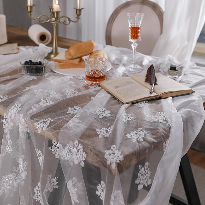 patdrea Designer White Lace Elegant Tablecloth for Rectangle Tables,Vintage Tulle French Romantic Knitted Embroidered Overlay Tablecloths Decor for Kitchen Wedding Banquet,59"*75"