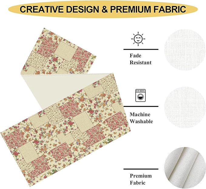 Boho Patchwork Table Runner, Vintage Farmhouse Colorful Wildflowers Bohemian Paisley Flower Table Center Decor for Home Kitchen Dining Patio Holiday Party Indoor Table Decorations, 13"x72" Inch