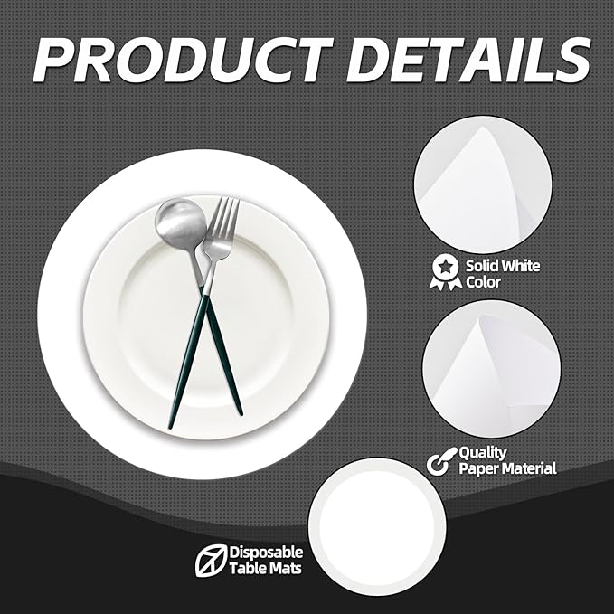 50 Pieces White Paper Place Mats White Round Disposable Table Mats Decorative Placemats for Wedding Bridal Shower Black Birthday Party Dining Decor