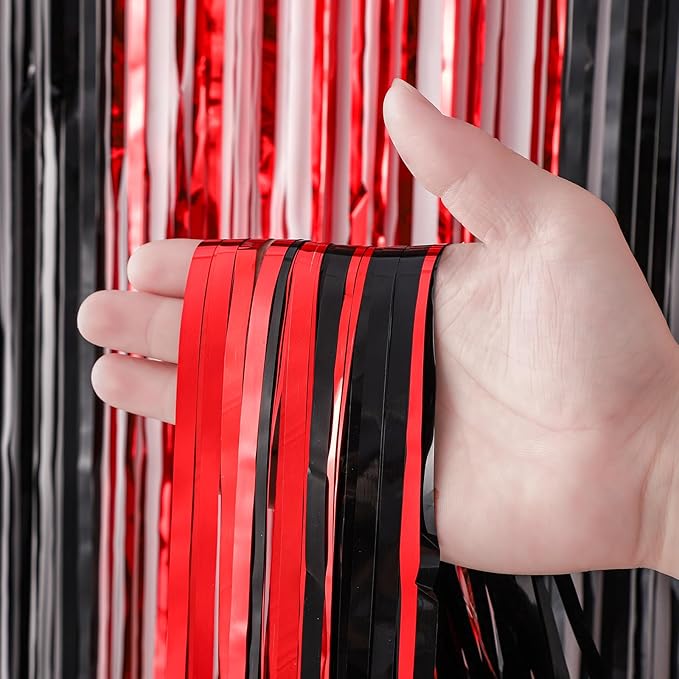 2 Pack Red and Black Tinsel Foil Fringe Curtains, Red and Black Party Decorations, Metallic Tinsel Party Streamers Backdrop for Halloween Birthday Red Carpet New Years Party Decorations