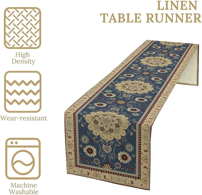 Vintage Boho Floral Table Runner, Elegant Rustic Country Farmhouse Blue Yellow Retro Flower Pattern for Home Kitchen Table Decor Dining Coffee Room Party Decor 13x36in