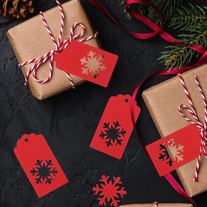 jijAcraft Christmas Gift Tags - 100Pcs Christmas Tags with String, Blank Xmas Name Labels, Red Paper Hollow Trees, Rudolph, Snowflake Shapes Holiday Labels for Xmas Party Favors, DIY Crafts, Jar