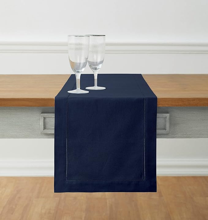 Solino Home Cotton Linen Navy Blue Table Runner 72 Inches Long - Hemstitch Table Runner 14 x 72 Inch for Dresser, Dining, Fall, Autumn, Halloween, Thanksgiving, Christmas, Holiday