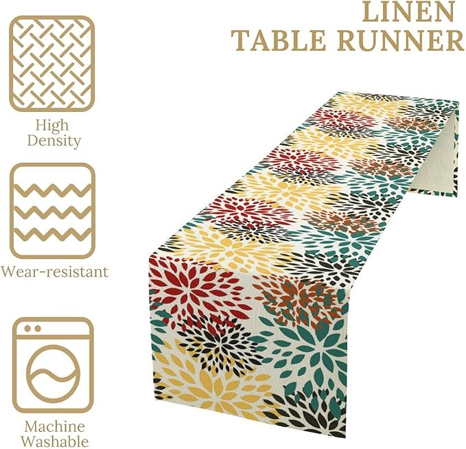 Green Red Dahlia Flower Table Runner Chrysanthemum Geometric Kitchen Dining Bedroom Living Room Table Decor for Indoor Outdoor Home Party, 13x120 Inch