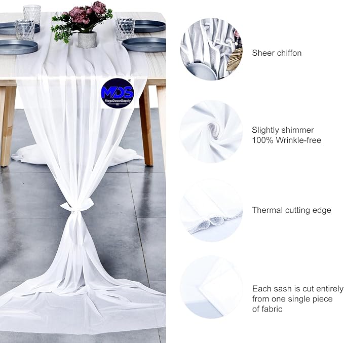 MDS 25 Pack 10ft Chiffon Table Runner 29 x 120 Inches Sheer Wedding Runner Romantic Rustic Table Runner for Wedding Decorations, Birthday Parties, Bridal Shower Party Arch Decor - White