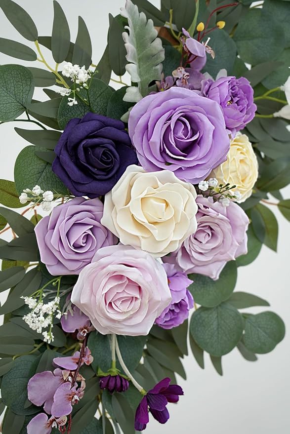 Faux Flower Swag Set of 2 for Wedding Welcome Signs Floral Decorations, Purple Wedding Arch Flowers for Wedding Ceremony (Lilac & Purple & Cream)
