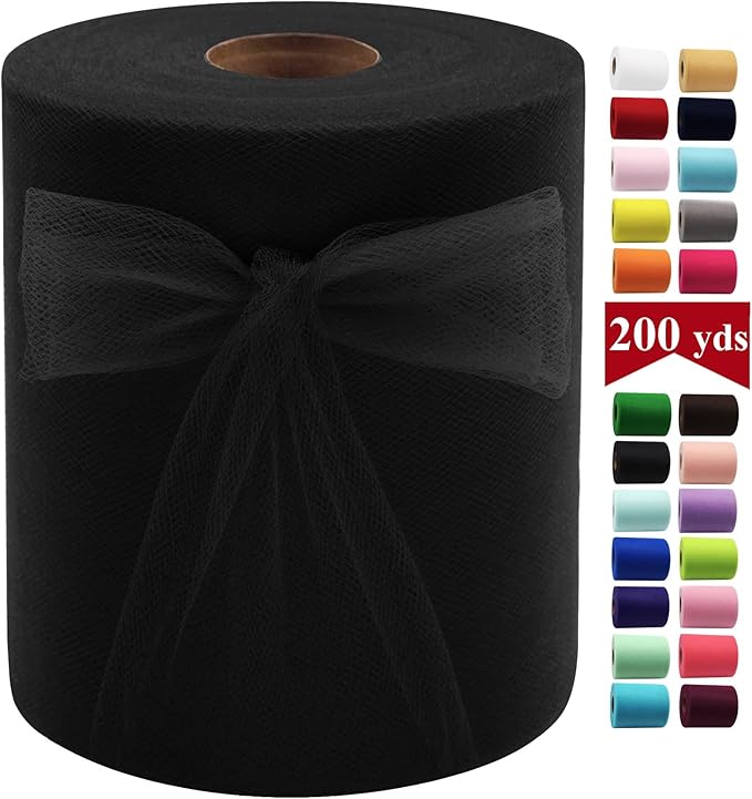 Black Tulle Fabric Rolls 6 Inch by 200 Yards (600 feet) Fabric Spool Tulle Ribbon for DIY Black Tutu Bow Baby Shower Birthday Party Wedding Halloween Decorations Craft Supplies