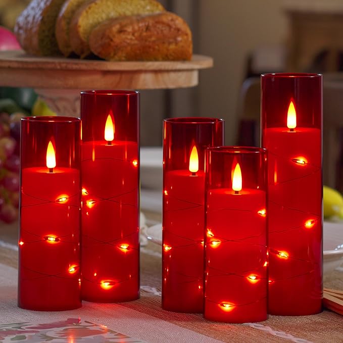 Red Flameless Candles with Remote and String Light, 2.2"x 5",5",6",7",7",8" LED Battery Operated Plastic Flickering Timer Pillar Candles(Pack of 6,Turn On/Off String Light Mode)
