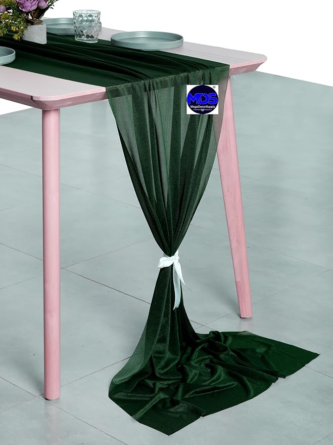 MDS 25 Pack 10ft Chiffon Table Runner 29 x 120 Inches Sheer Wedding Runner Romantic Rustic Table Runner for Wedding Decorations, Birthday Parties, Bridal Shower Party Arch Decor - Hunter Green