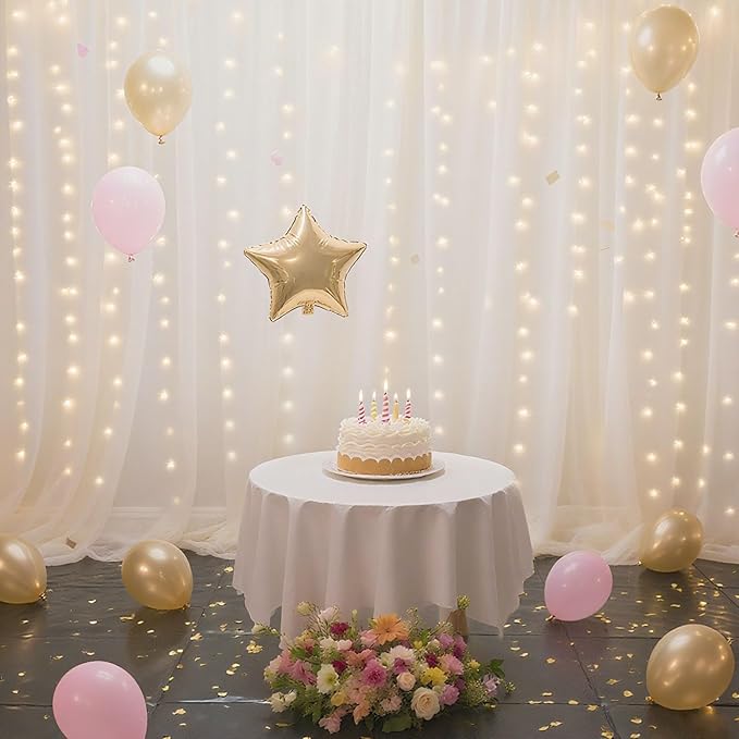 Ledido 10×10ft Tulle Backdrop Curtains with Lights String - 300LED Fairy Lights Sheer Curtain Backdrop for Weddings Baby Shower and Birthday Party Decorations(8 Panels 5×10ft)